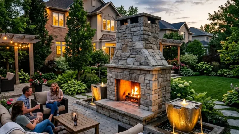 Custom outdoor fireplace Winnipeg integrated water feature stone masonry design with patio and landscape
