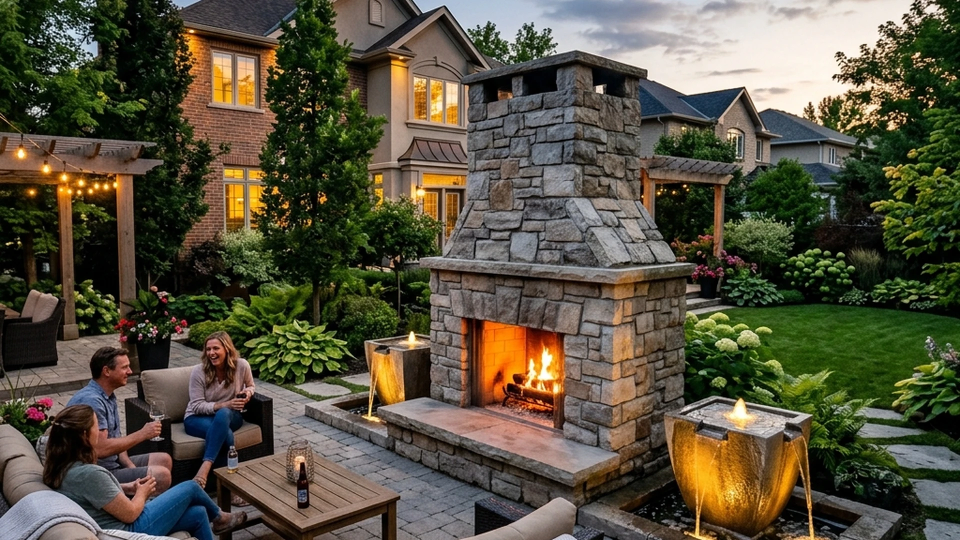 Custom outdoor fireplace Winnipeg integrated water feature stone masonry design with patio and landscape