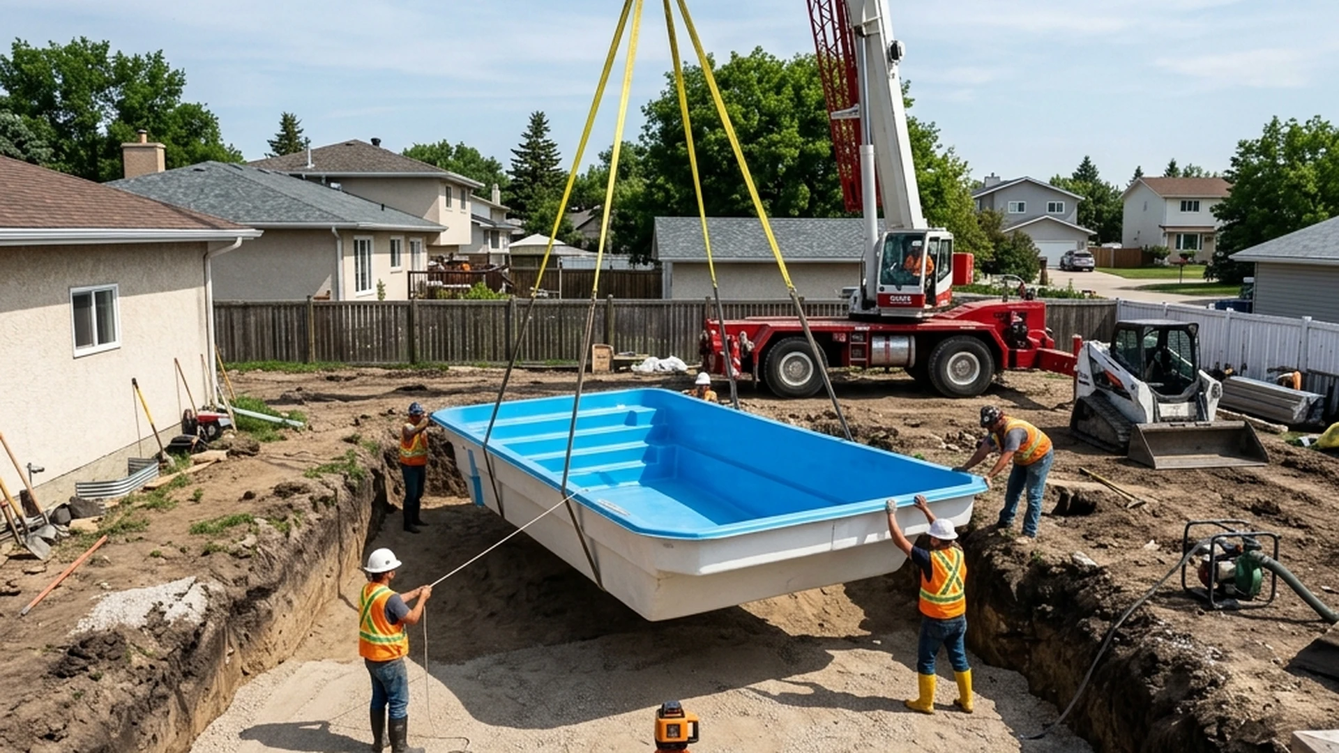 Fiberglass pool shell being lowered into prepared excavation in Winnipeg backyard during Azoria installation