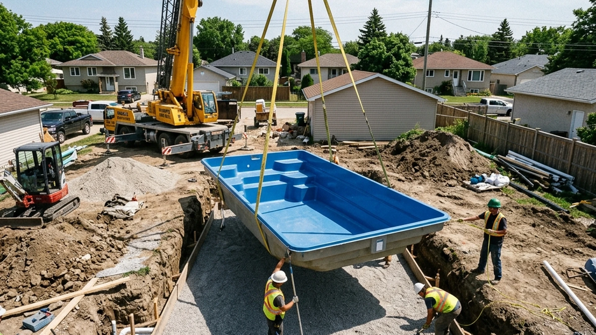 Fiberglass pool installation Winnipeg Azoria shell placement with patio surround and landscape integration