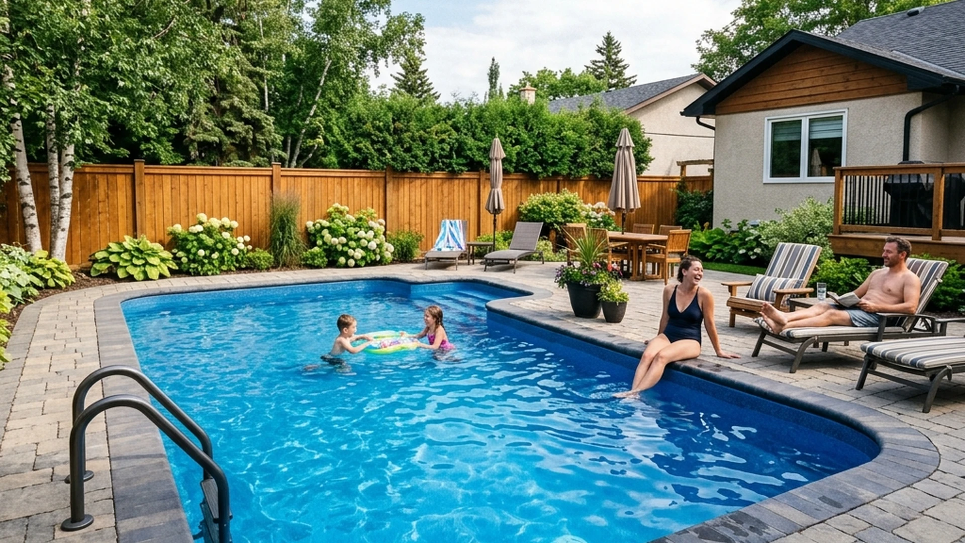 Completed fiberglass pool in Winnipeg backyard with interlocking paver patio surround and landscaping integration