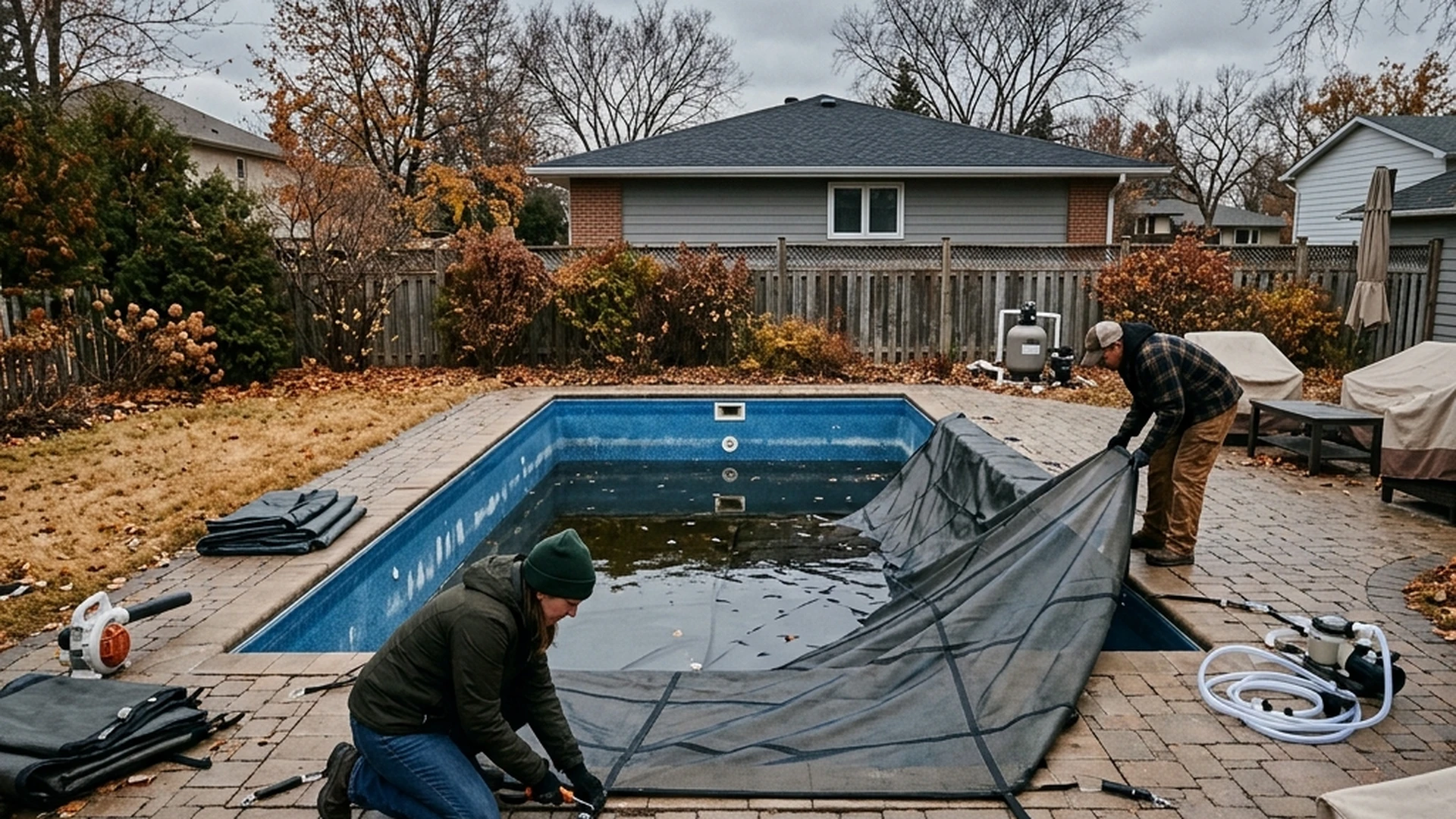 Fiberglass pool winterization in Winnipeg showing water level lowered below skimmer with pool cover for freeze season