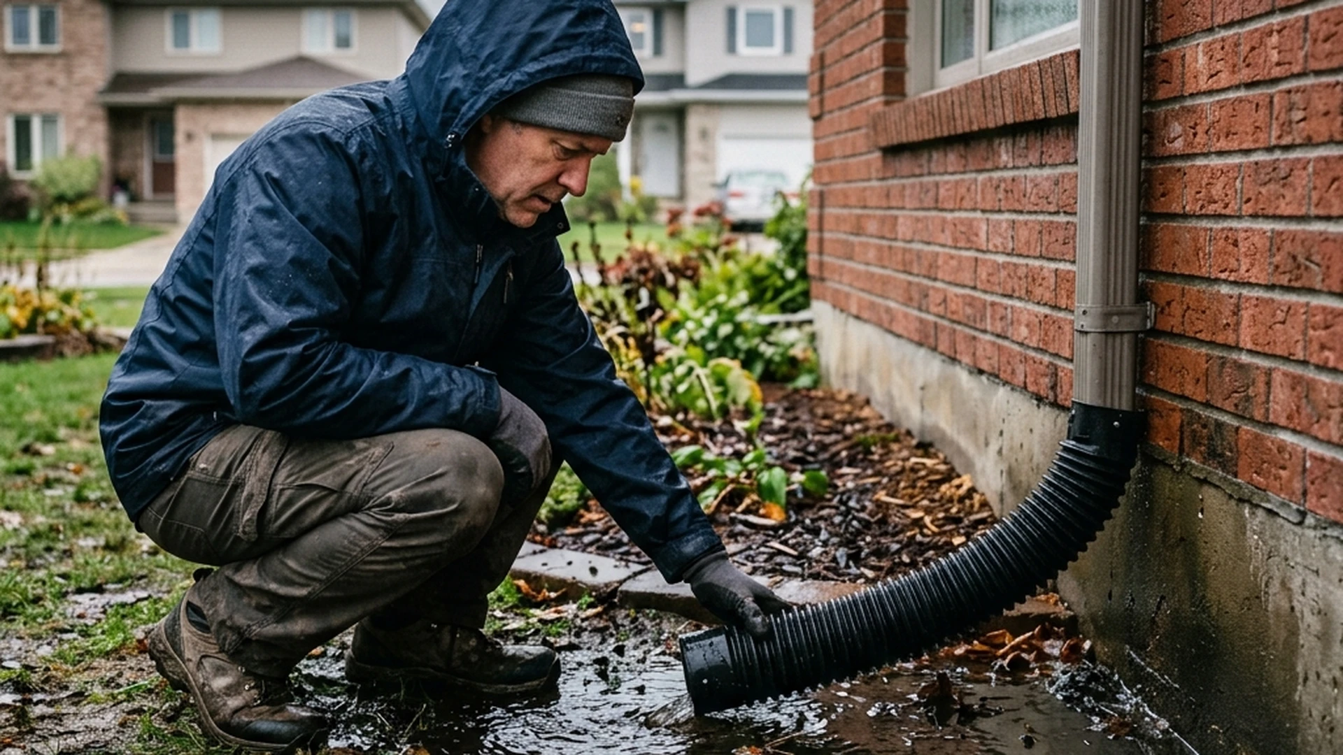 Homeowner checking downspout discharge point after Winnipeg storm to ensure water is directed away from foundation