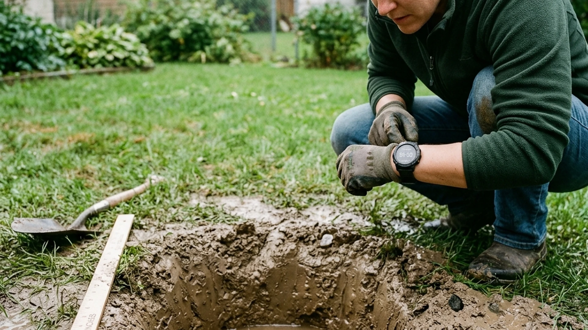 Percolation test hole dug in Winnipeg clay soil backyard filled with water showing drainage rate diagnostic after storm flooding