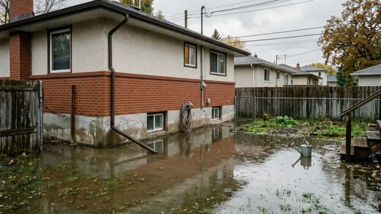 Flooded yard Winnipeg after June 9 storm standing water on clay soil lawn with foundation wall visible