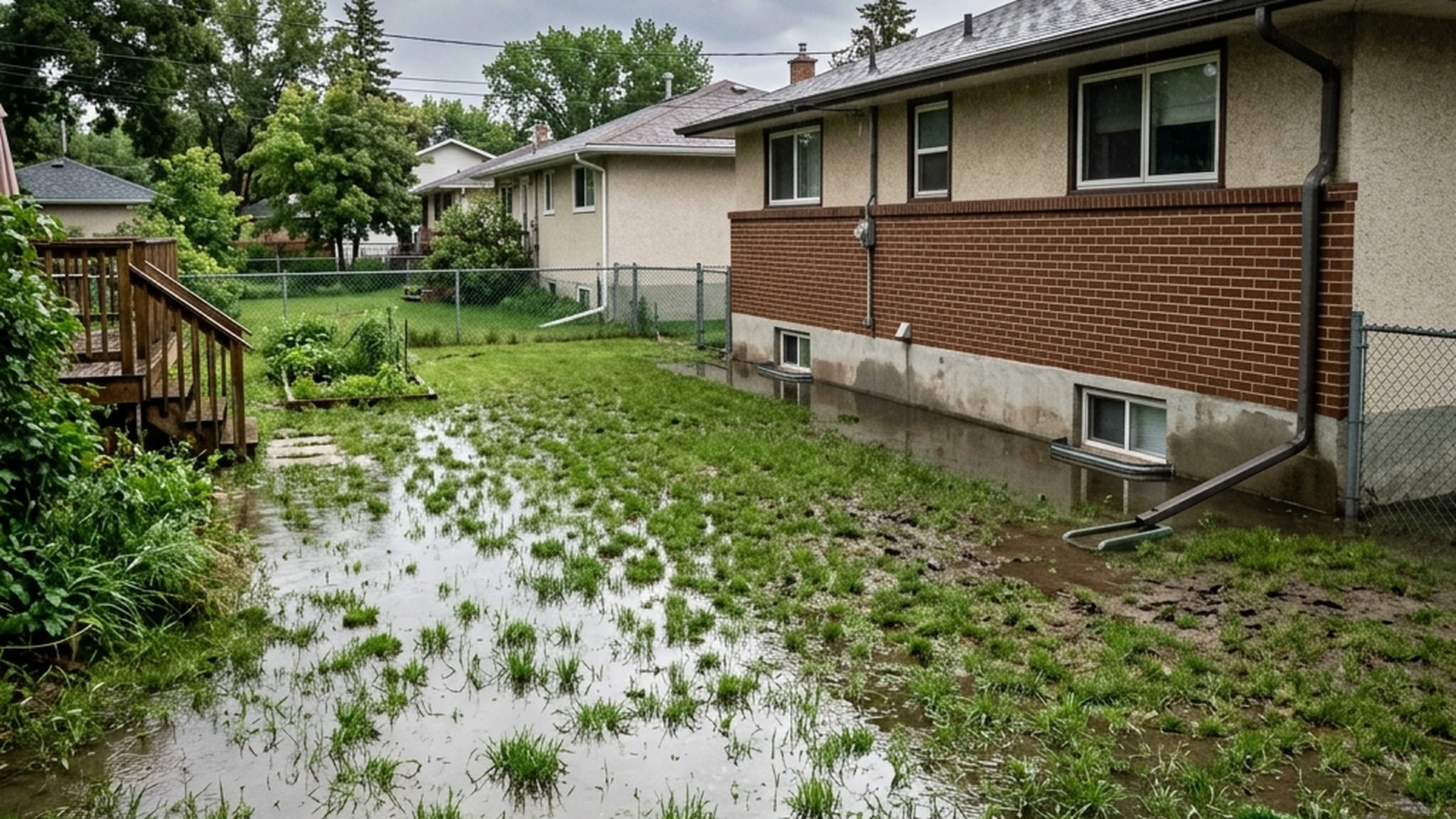 Flooded Winnipeg residential yard after June 9 storm showing standing water on clay soil lawn with foundation wall visible