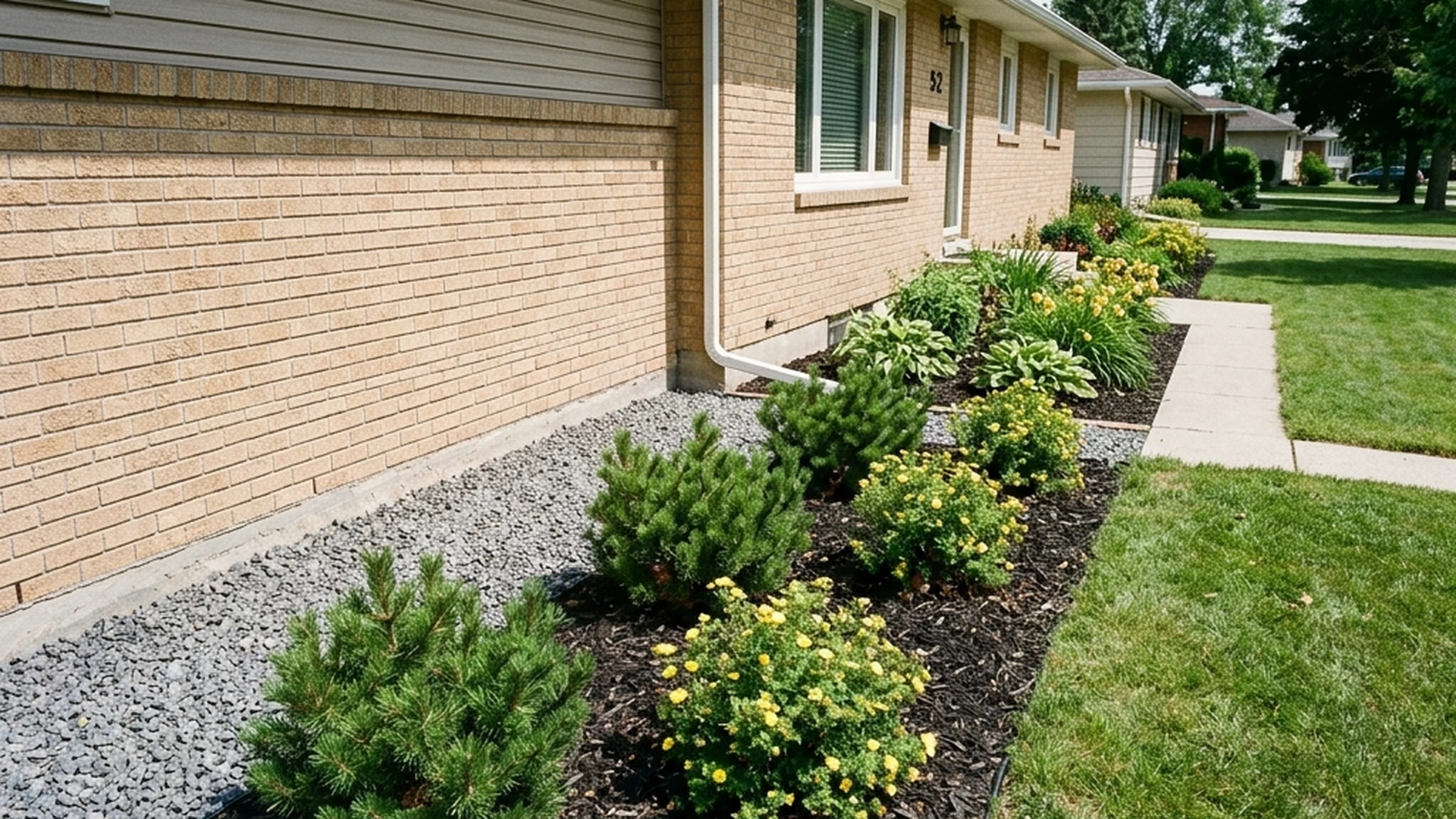 Foundation planting Winnipeg compact shrubs with proper 18-inch clearance from house foundation wall and gravel setback