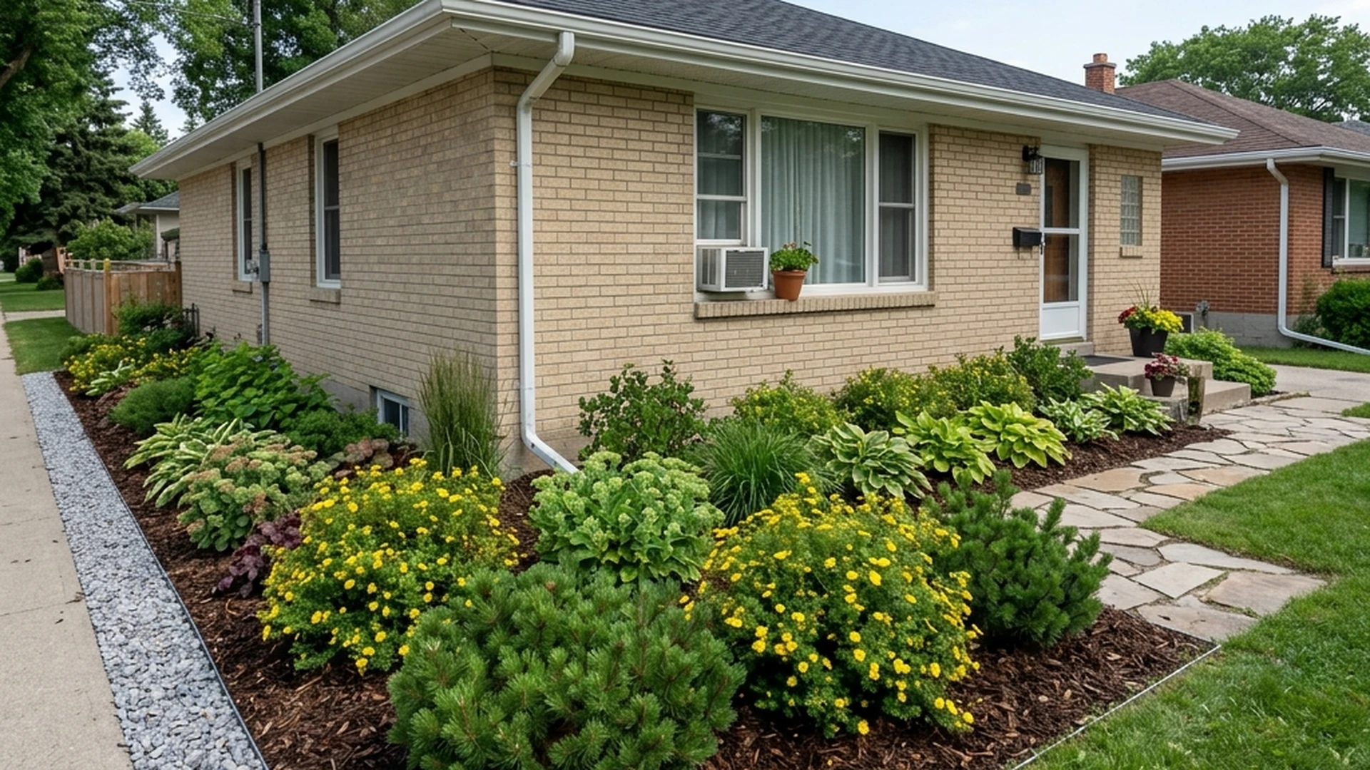 Winnipeg house foundation with well-designed compact shrub and perennial planting showing proper 18-inch clearance from foundation wall