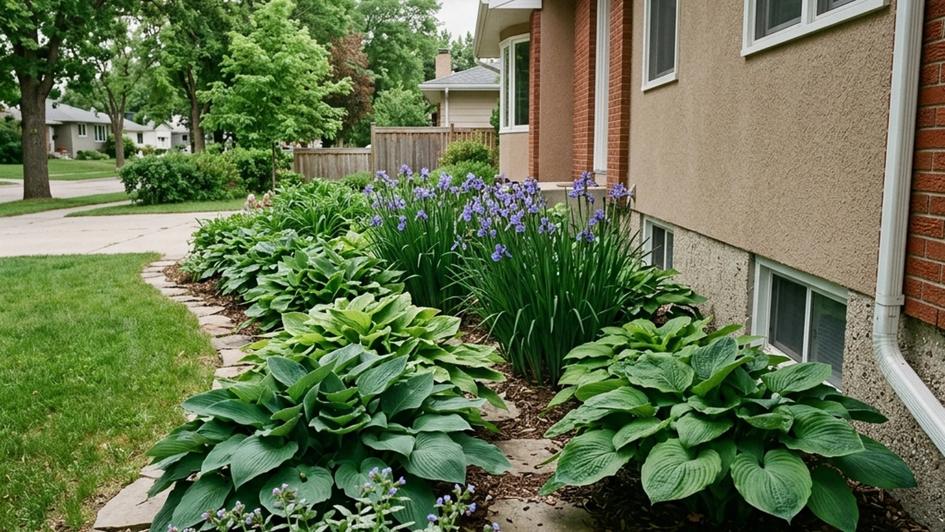 North facing Winnipeg foundation bed with hostas Siberian iris and lungwort showing shade tolerant Zone 3 plants with proper clearance