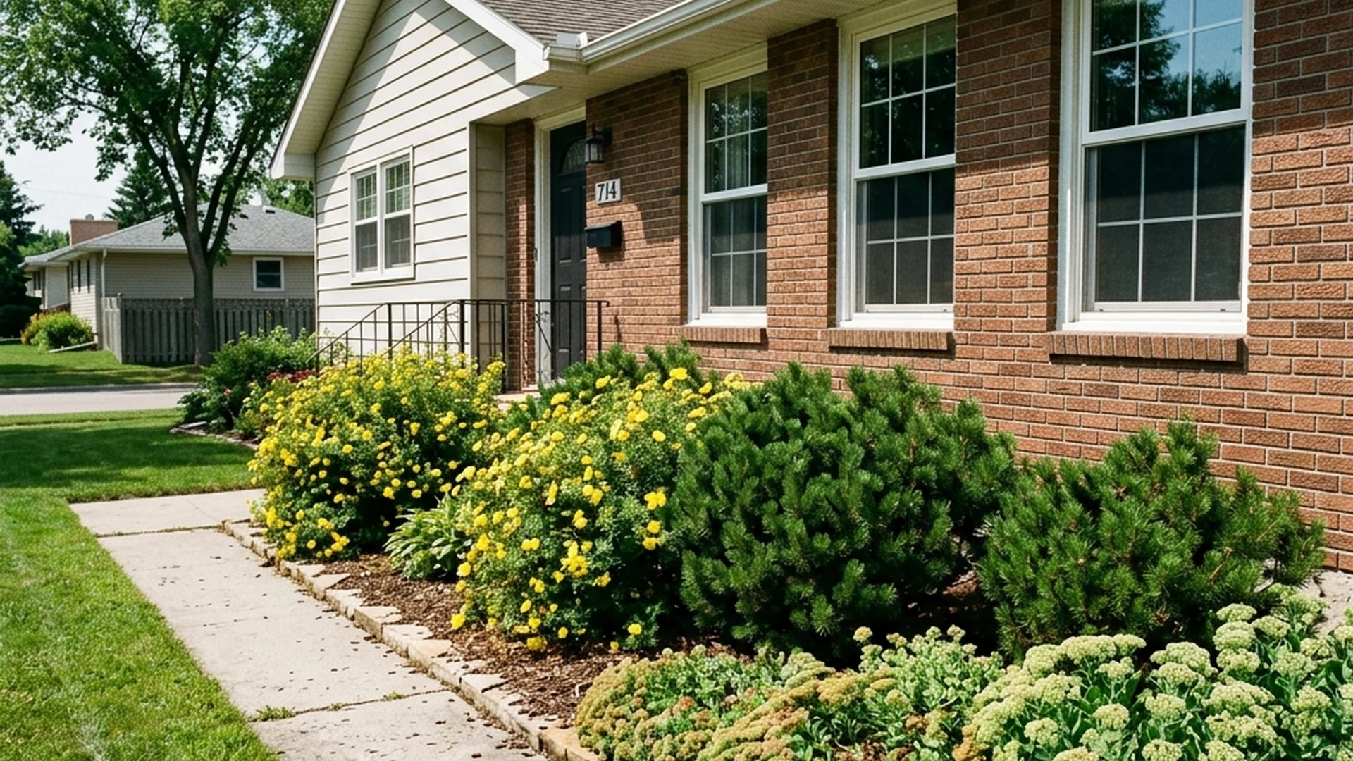 South facing Winnipeg foundation bed with potentilla mugo pine and sedum showing drought-tolerant plants suitable for sun exposure