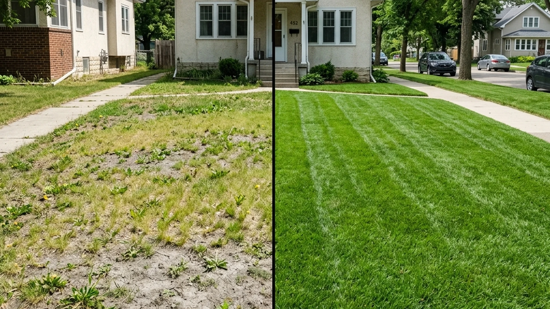 Before and after comparison of Winnipeg lawn showing thin compacted clay lawn versus healthy thick lawn after aeration and overseeding program