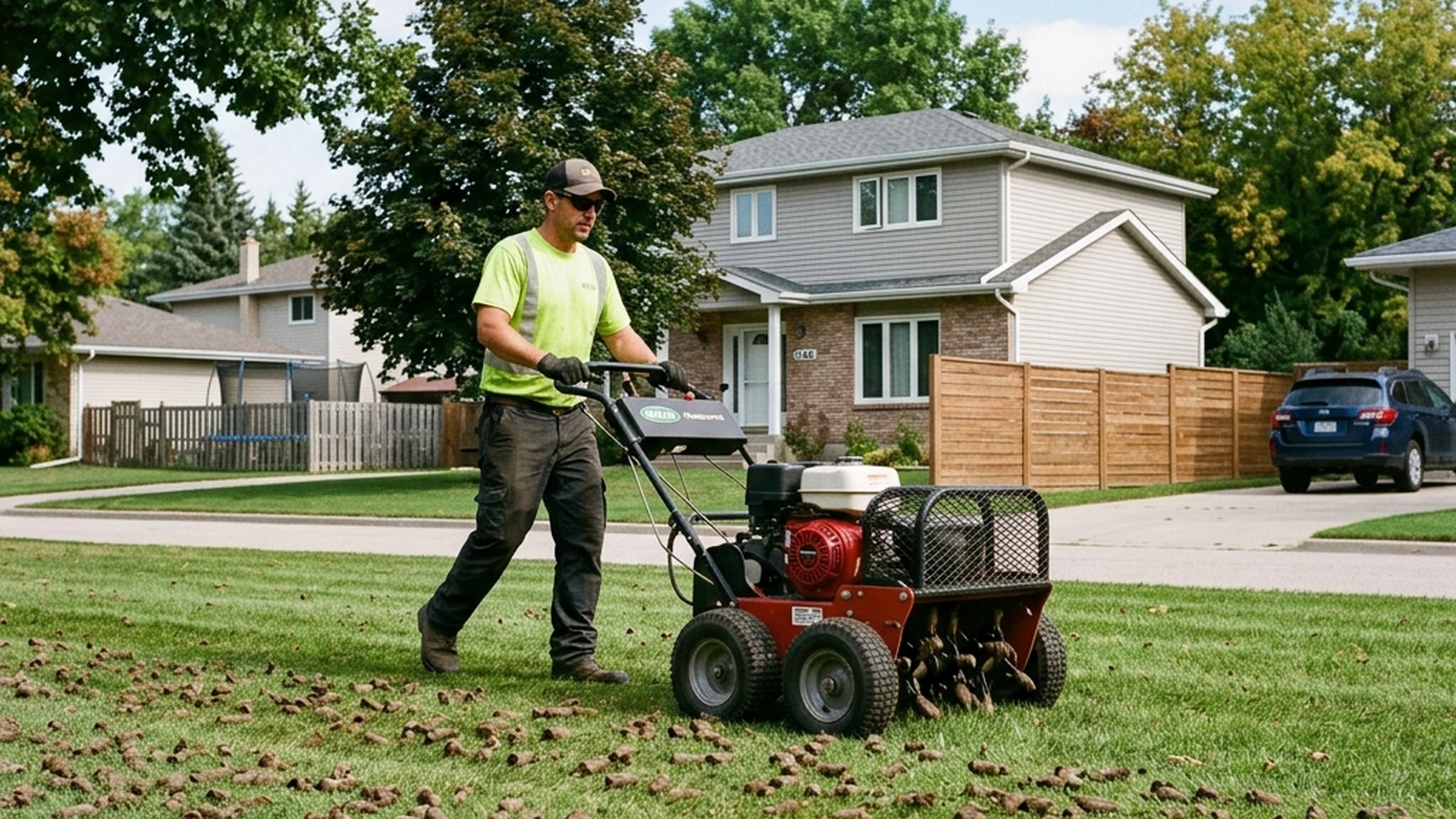 Core aeration machine pulling soil plugs from compacted Winnipeg clay lawn in fall showing open cores on grass surface