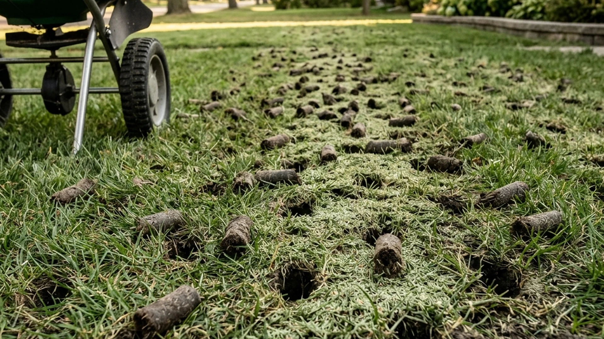 Lawn aeration combined with overseeding on Winnipeg residential lawn showing seed being spread into open aeration cores in fall