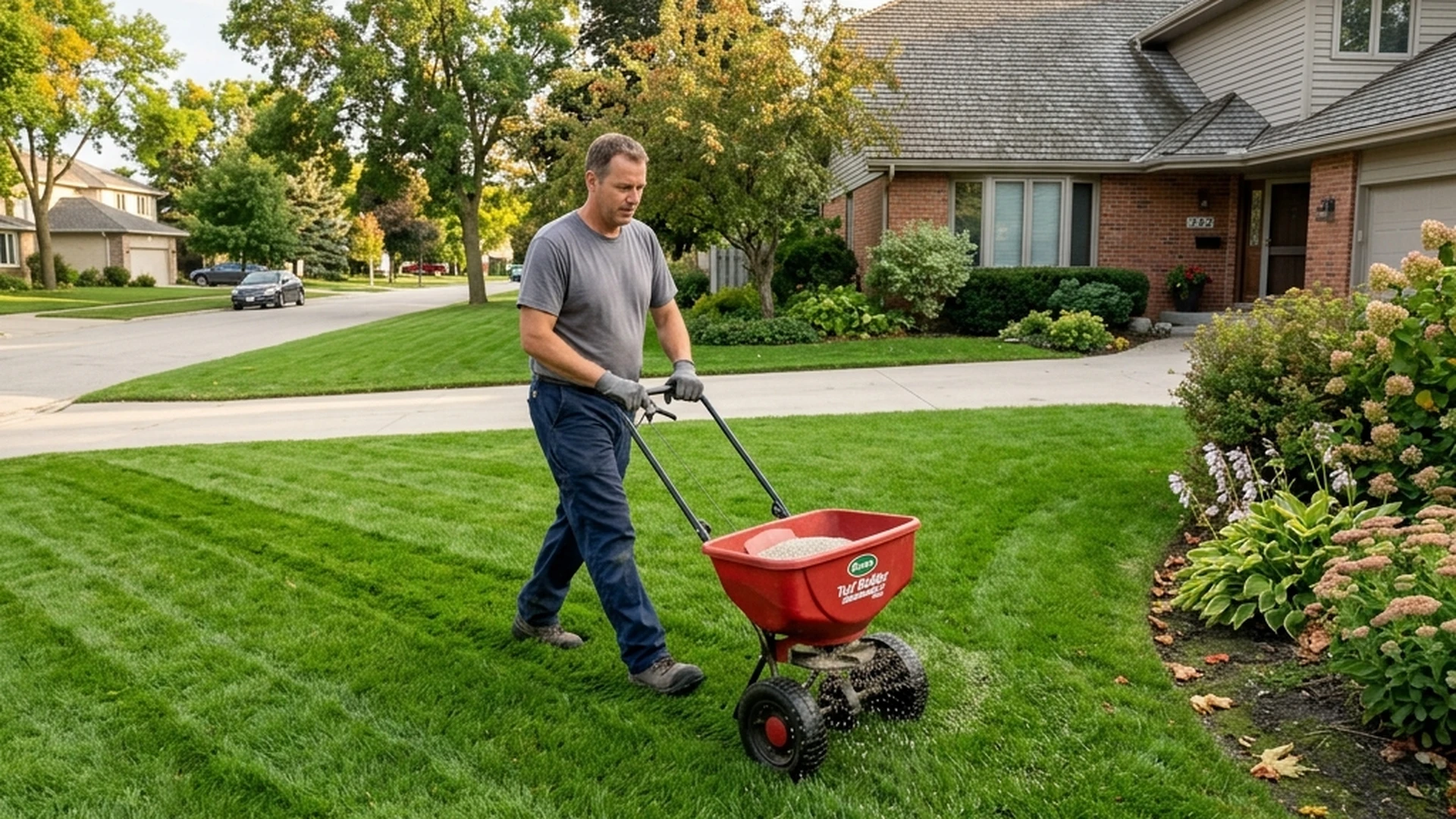 Lawn fertilizer spreader applying fall fertilizer to healthy established Winnipeg residential lawn on clay soil