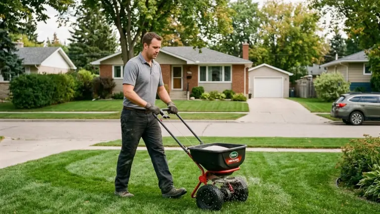 Lawn fertilization Winnipeg fall application with fertilizer spreader on established Zone 3 clay soil residential lawn
