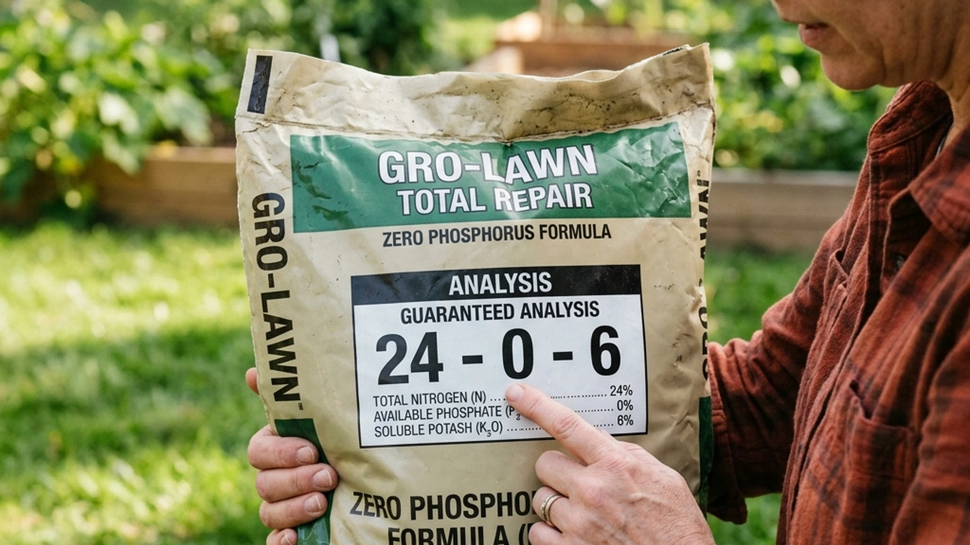 Close-up of lawn fertilizer bag showing NPK ratio with zero phosphorus middle number compliant with Manitoba regulations