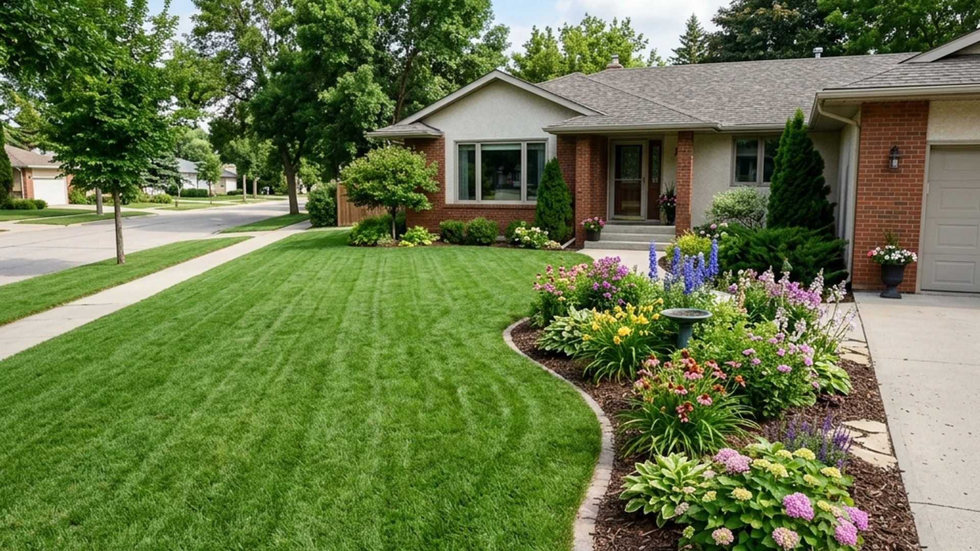Healthy dense Winnipeg residential lawn showing result of proper spring and fall fertilization program on clay soil