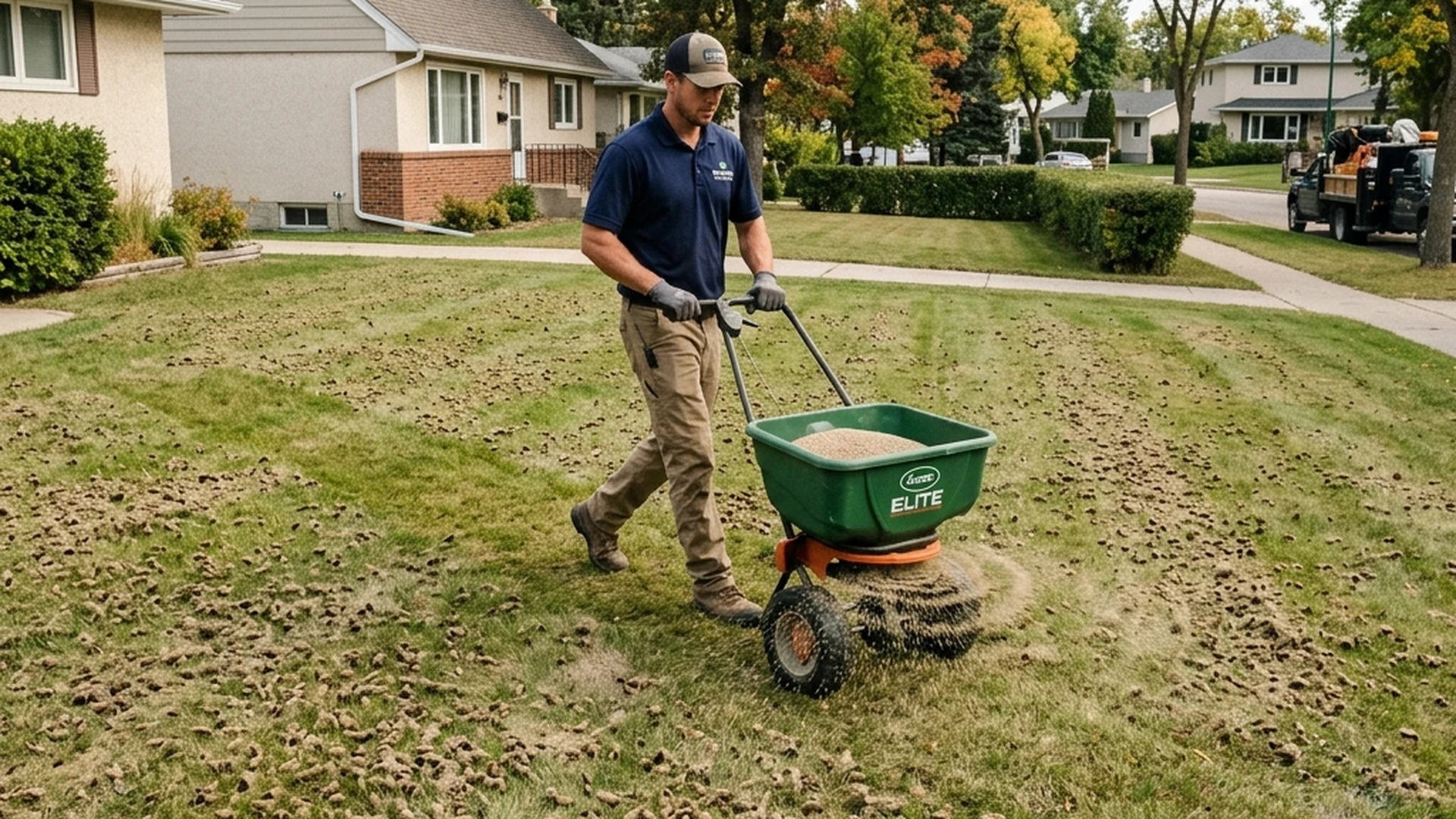 Lawn N Order professional overseeding a Winnipeg lawn in fall showing grass seed broadcast over core aerated grass surface