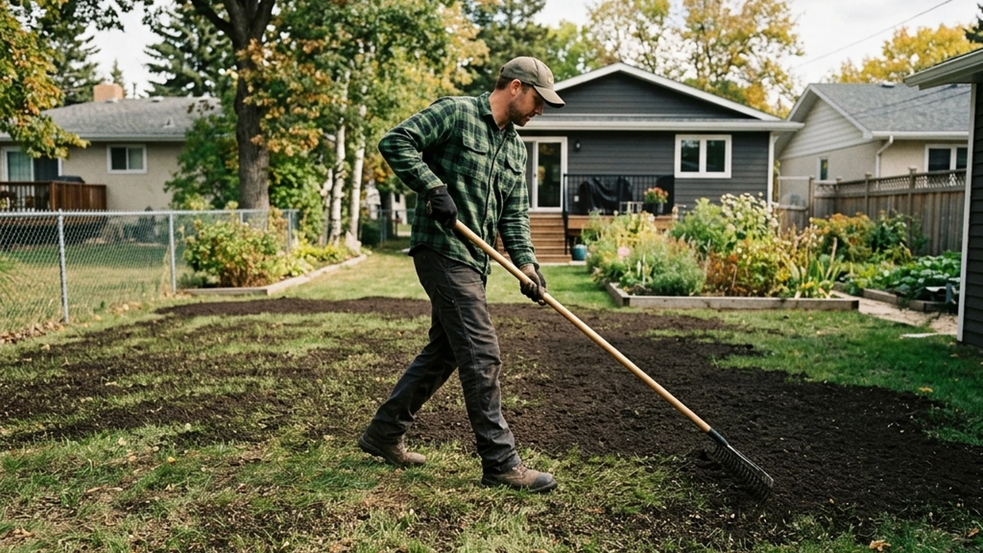 Thin layer of compost topdressing being applied over freshly overseeded Winnipeg lawn to improve seed to soil contact and germination