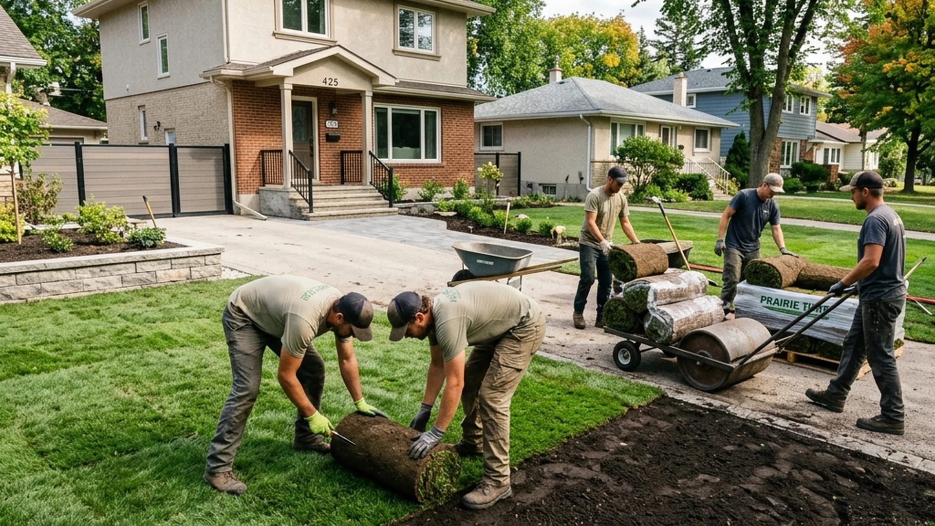 Professional sod installation in Winnipeg showing fresh sod rolls being laid on prepared amended soil with tight seam joints