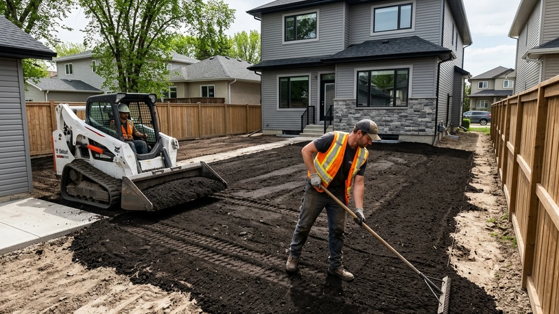 Soil grading and preparation before sod installation on Winnipeg property showing amended soil layer over Red River clay subgrade