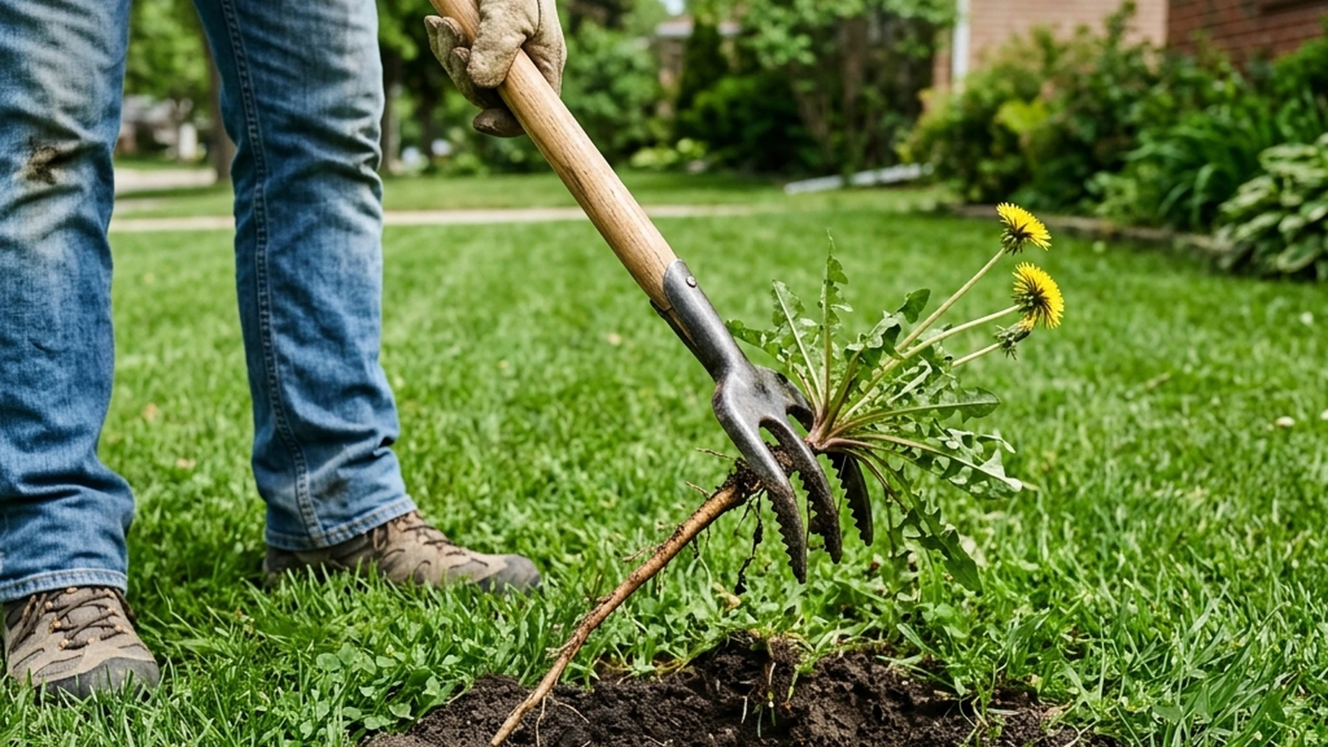 Homeowner using stand-up dandelion weeder tool to remove dandelions from Winnipeg lawn by extracting full taproot from clay soil
