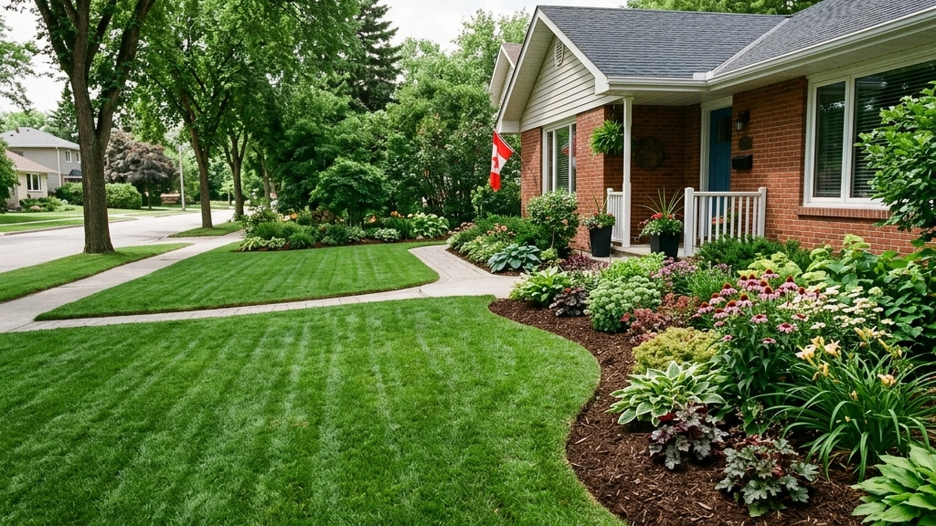 Winnipeg residential lawn showing dense healthy turf alongside garden bed with mulch suppressing weed growth in summer