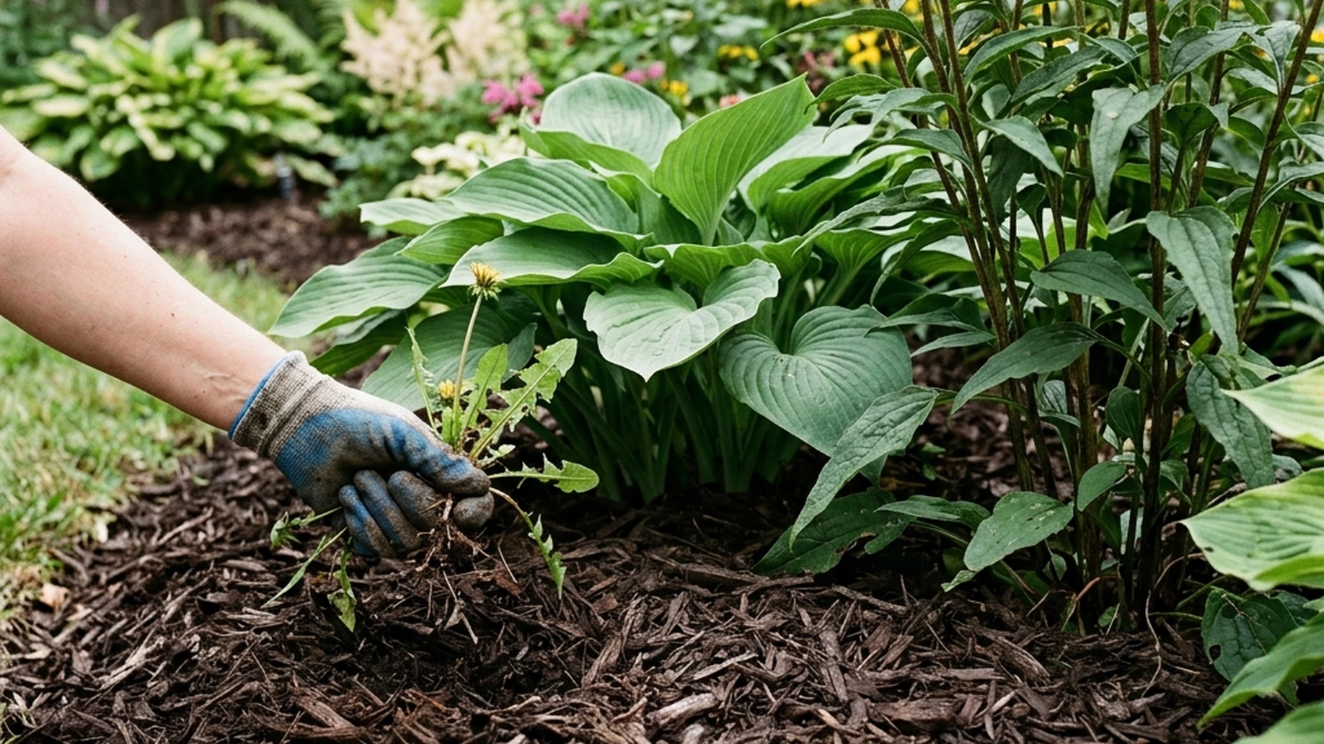 Winnipeg garden bed showing proper 2 to 3 inch mulch depth suppressing annual weeds around established perennial plants