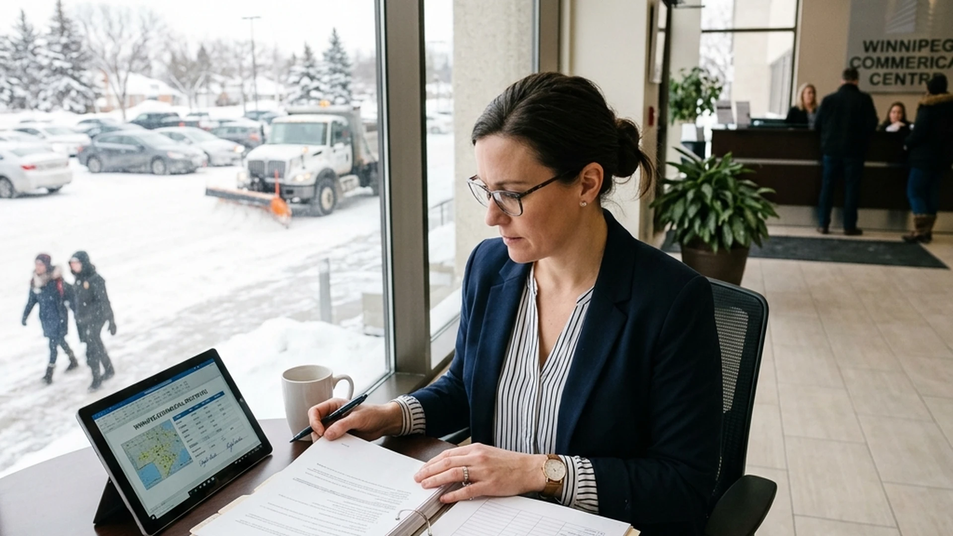 Property manager reviewing commercial snow removal contract documentation with service records at Winnipeg office building