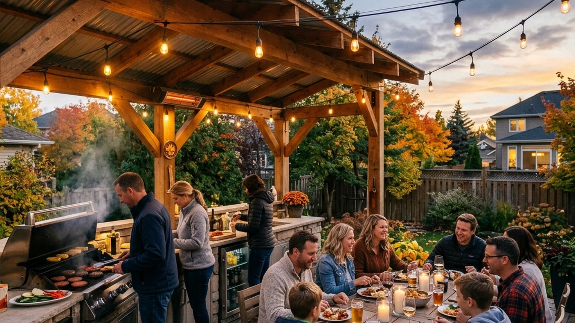 Winnipeg covered outdoor kitchen in use on cool fall evening showing extended season protection from wind and rain