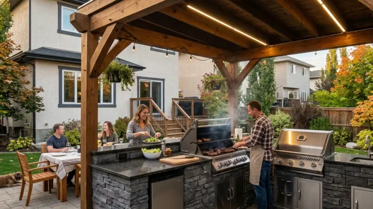 Covered outdoor kitchen Winnipeg pergola roof structure with built-in grill counter and task lighting
