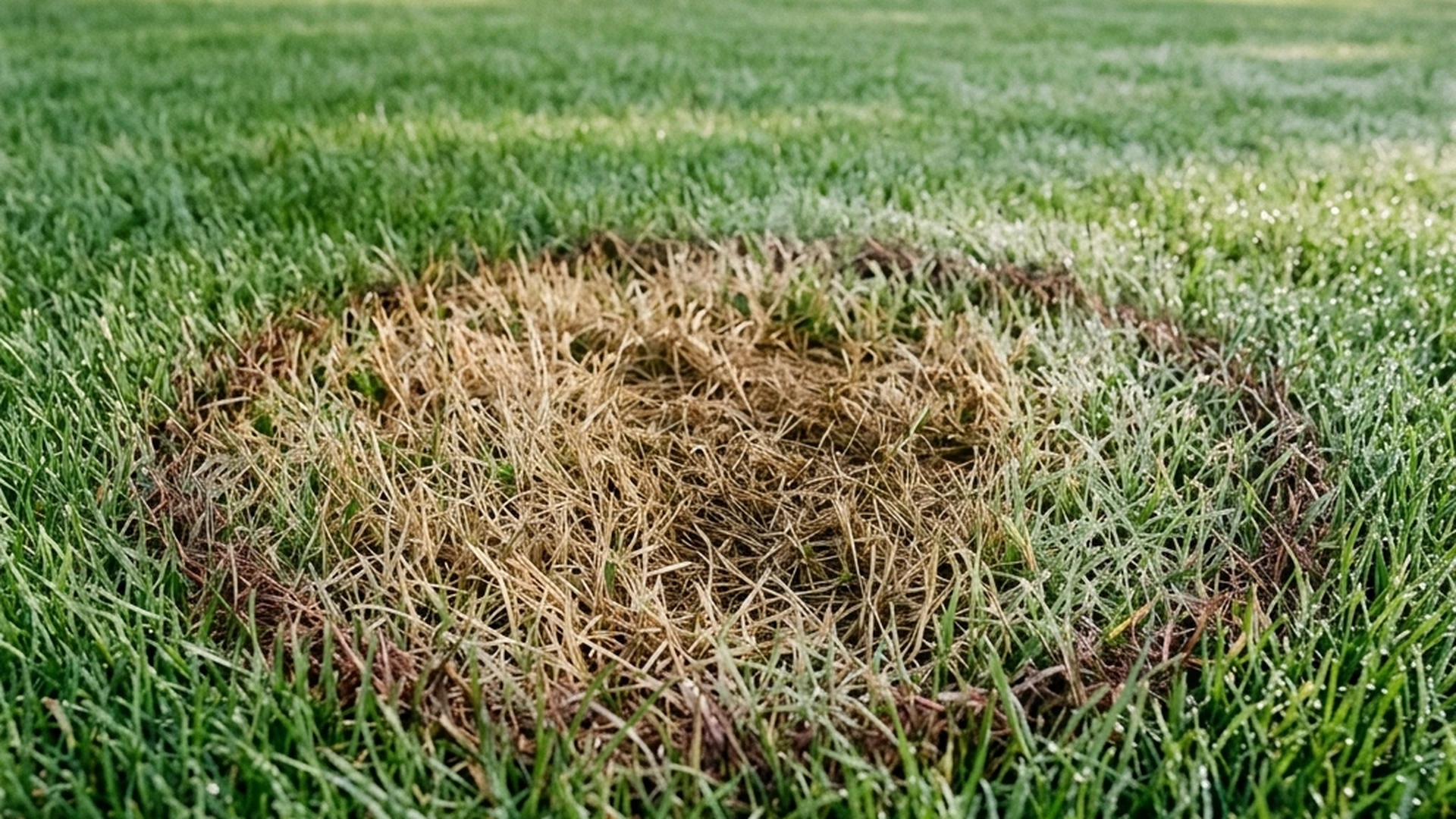 Brown patch fungal disease on Winnipeg lawn showing large circular patches with dark smoke ring border on perennial ryegrass