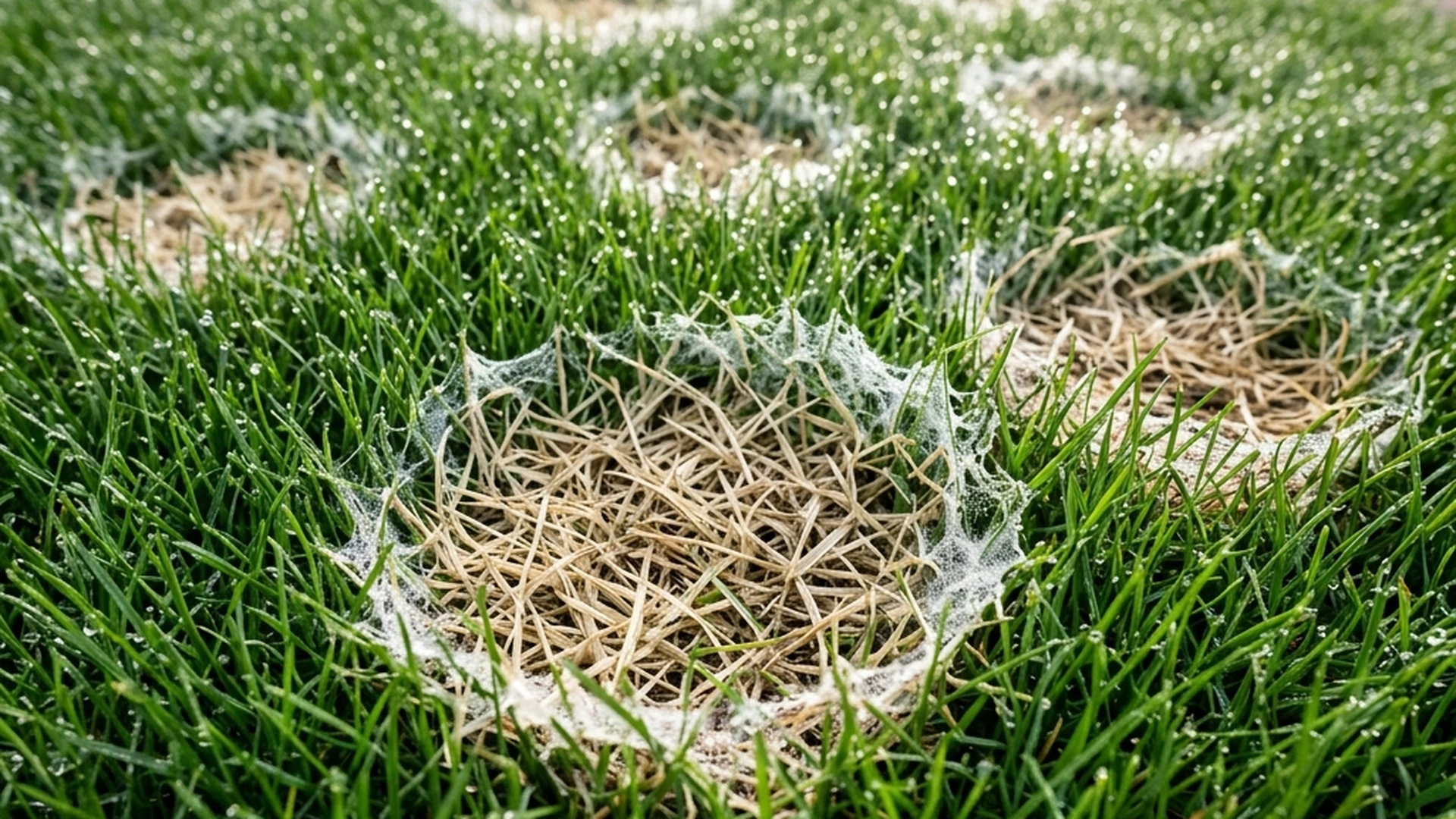 Dollar spot fungal disease on Winnipeg lawn showing small bleached circular patches with white mycelium visible in morning dew