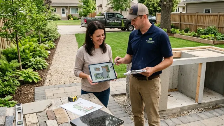 Outdoor kitchen contractor questions Winnipeg homeowner reviewing project plans and design with landscape contractor