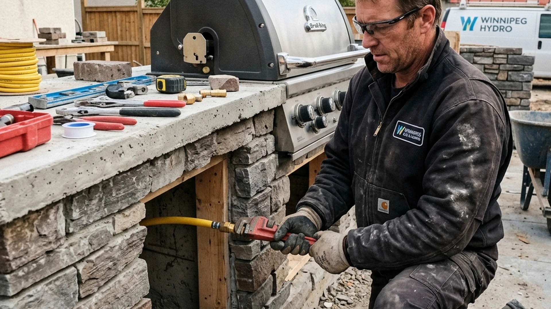 Licensed gas fitter connecting gas line to outdoor kitchen grill during construction in Winnipeg backyard