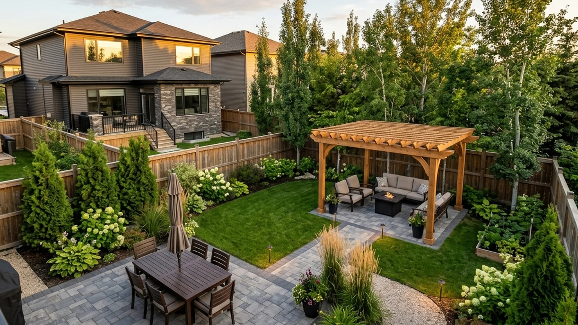 Aerial view of phased Winnipeg backyard design showing patio structure planting and lighting layers built in sequence