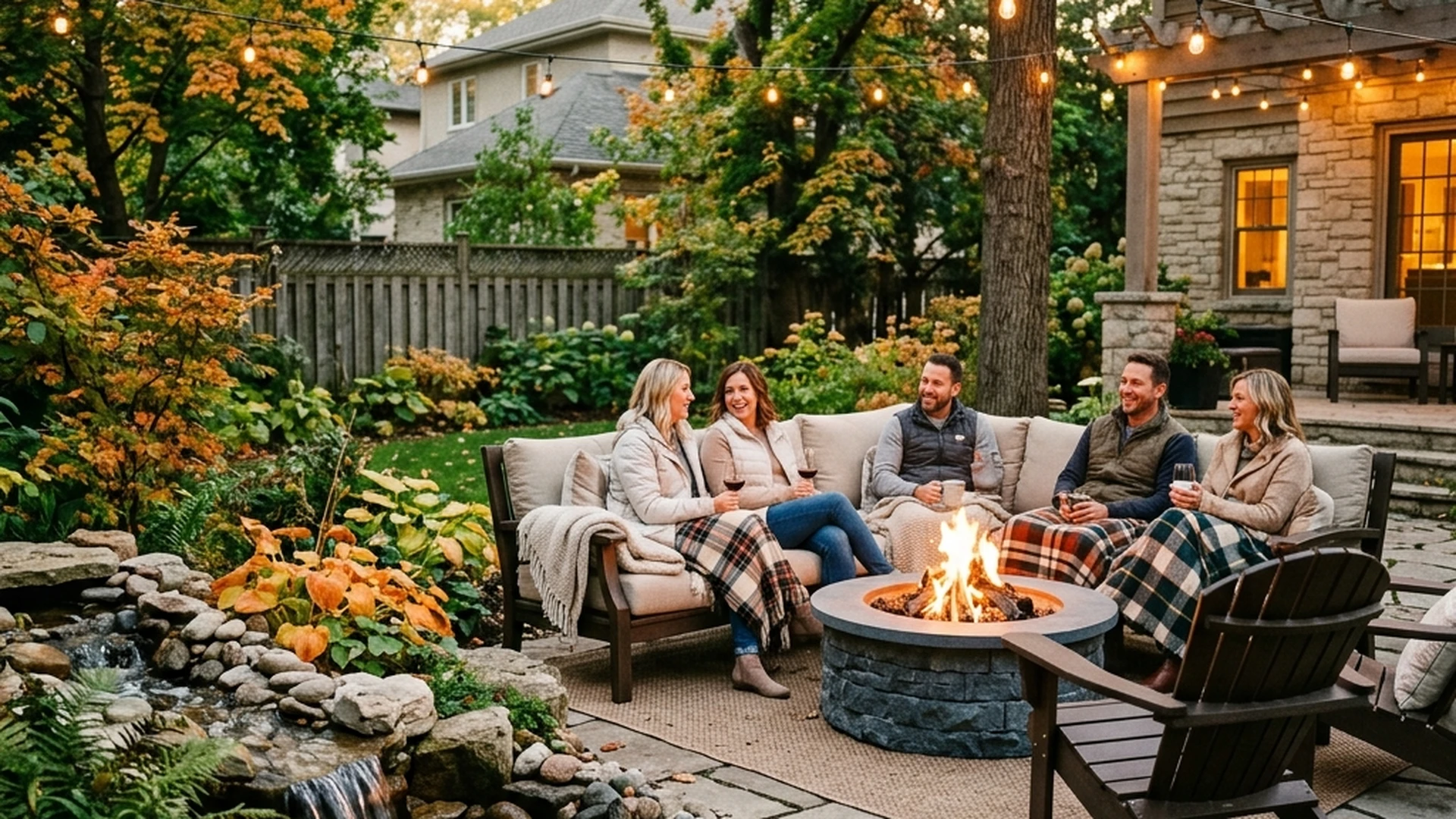 Winnipeg backyard seating zone with fire pit and water feature extending comfortable outdoor use into shoulder season evenings
