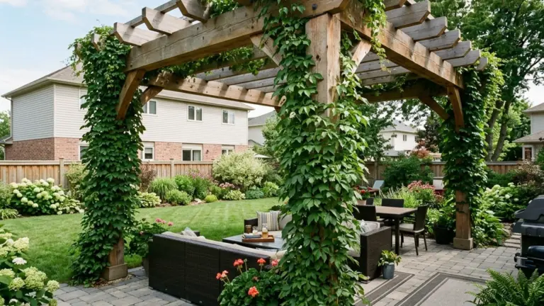 Pergola vs gazebo vs pavilion Winnipeg custom built pergola heavy timber posts and climbing vines over paver patio