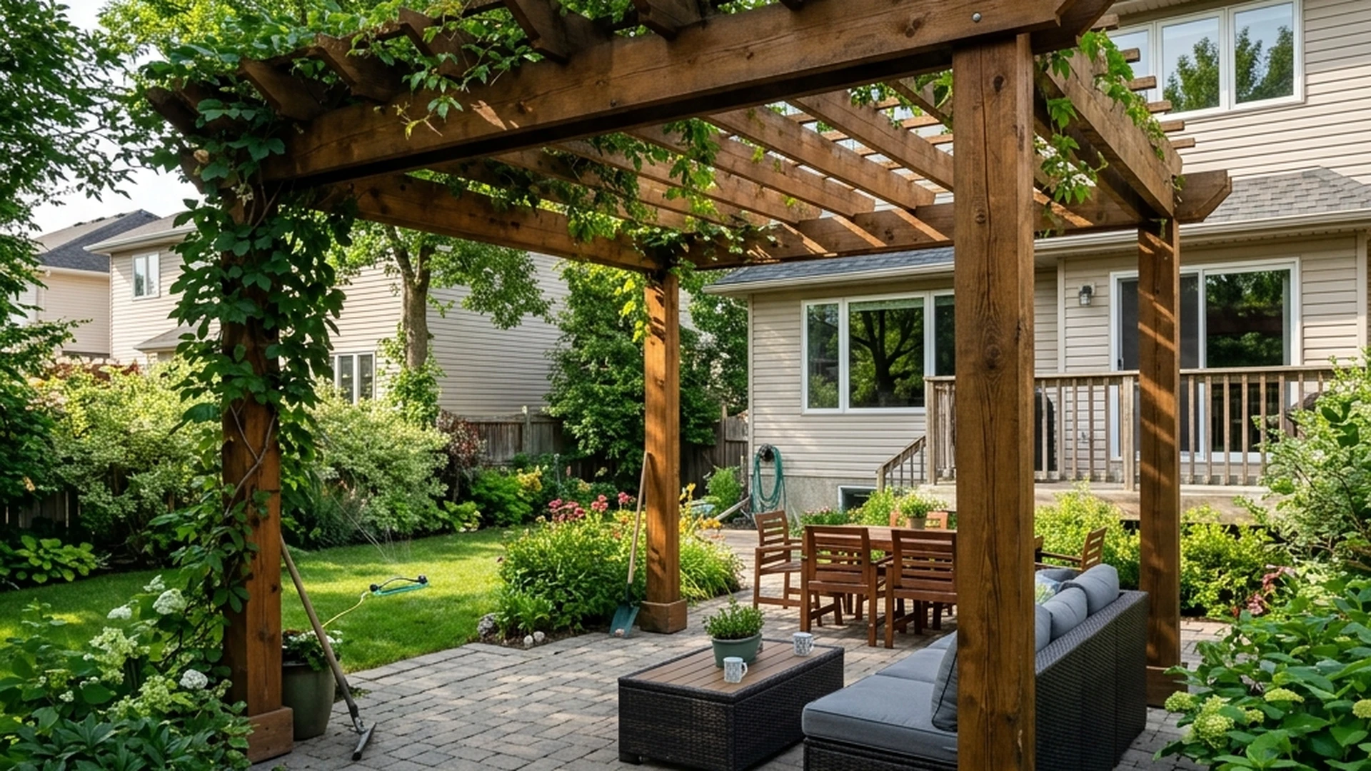 Custom built pergola in Winnipeg backyard with heavy timber 6x6 posts frost depth footings and climbing plants in summer