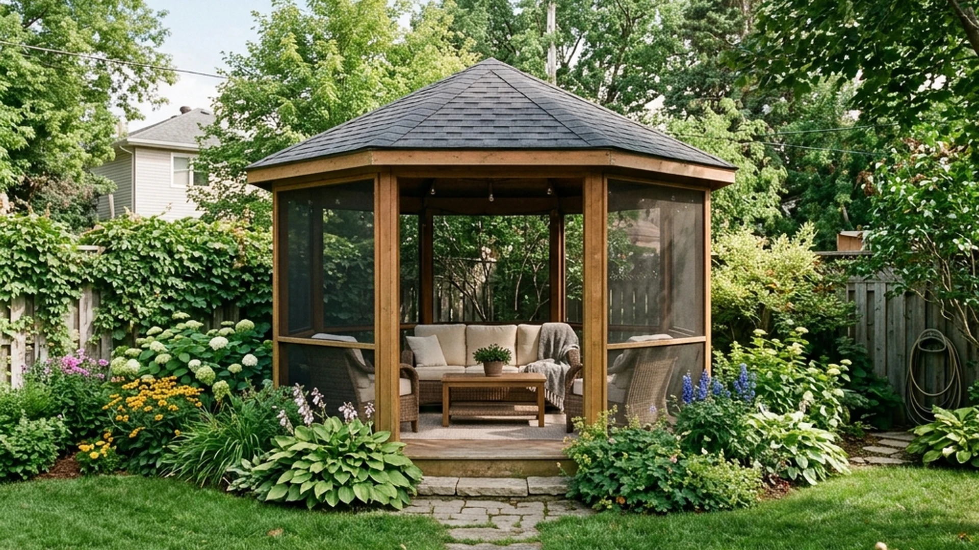 Gazebo with screened walls in Winnipeg backyard showing fixed roof mosquito screening and freestanding destination garden feature
