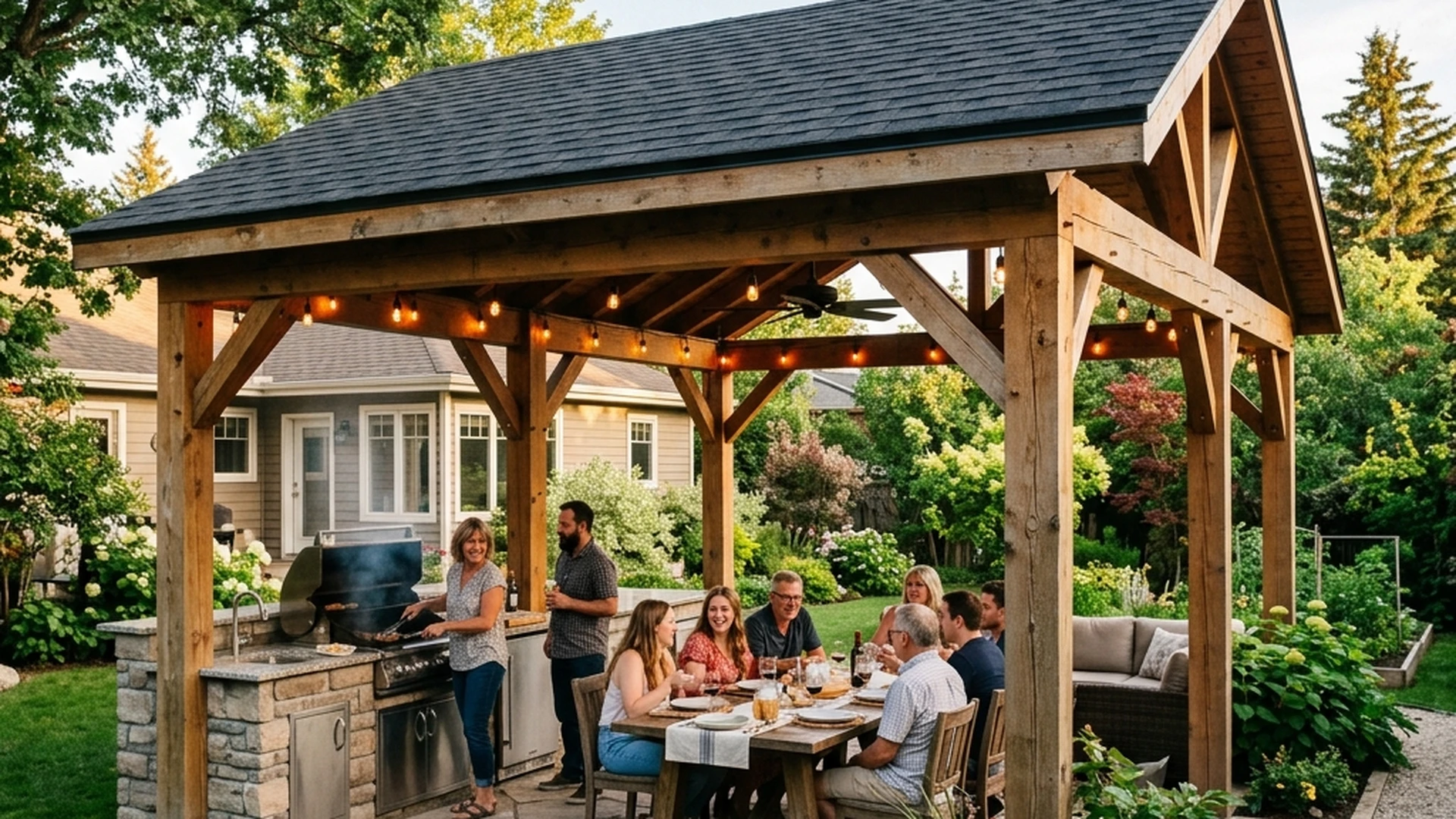 Large pavilion with solid roof in Winnipeg backyard showing full weather coverage outdoor kitchen and entertaining space