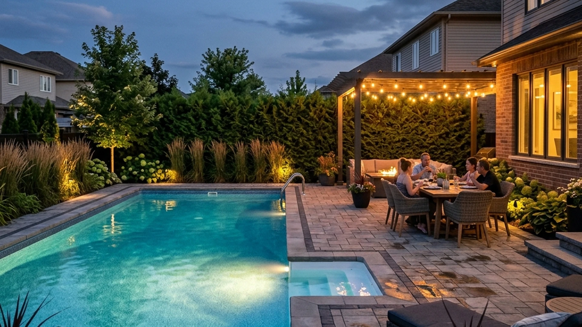 Completed Winnipeg pool landscaping showing integrated patio paving privacy planting and evening lighting as cohesive outdoor room