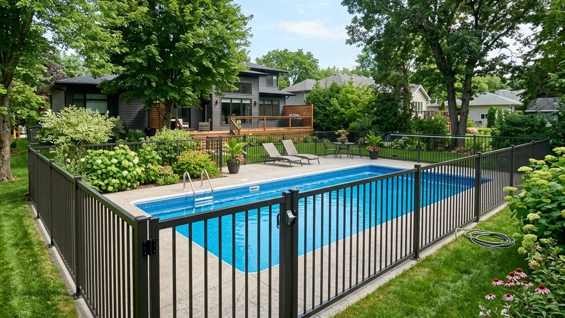 Pool fencing installation in Winnipeg backyard showing self-latching gate and 1.5 metre fence height bylaw compliance around residential pool
