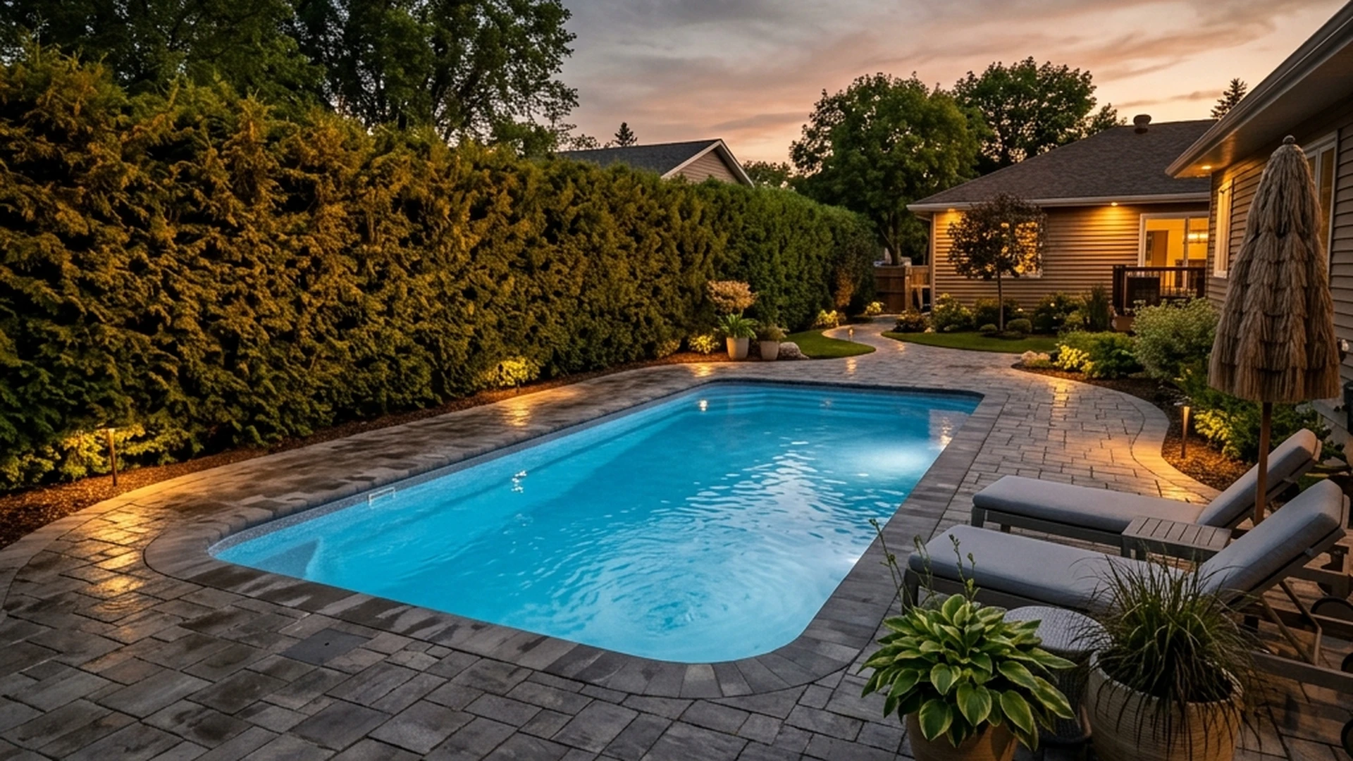 Winnipeg pool landscaping showing interlocking paver patio surround cedar hedge privacy screening and low-level lighting around residential pool