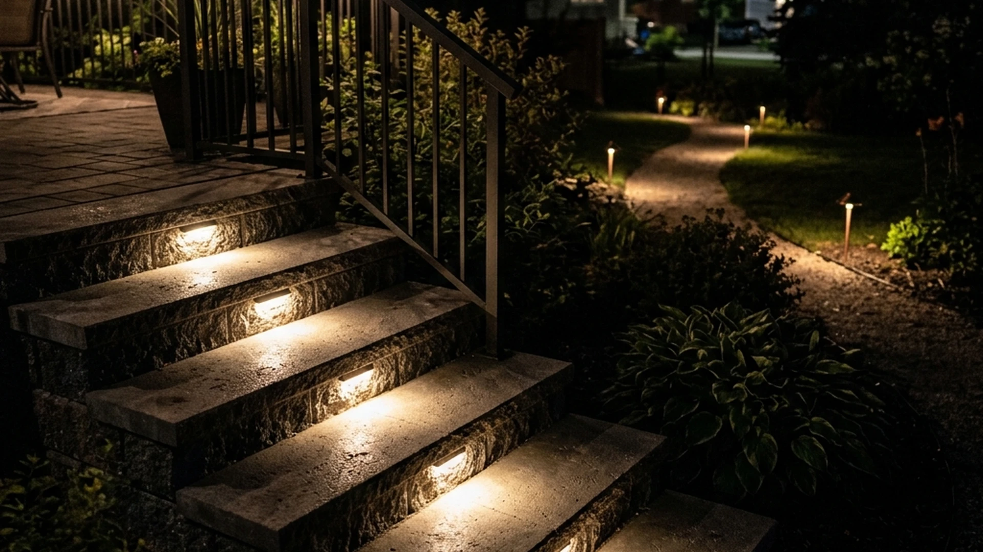 Step lighting and path lighting at Winnipeg pool patio showing recessed fixtures illuminating tread edges for safety at night