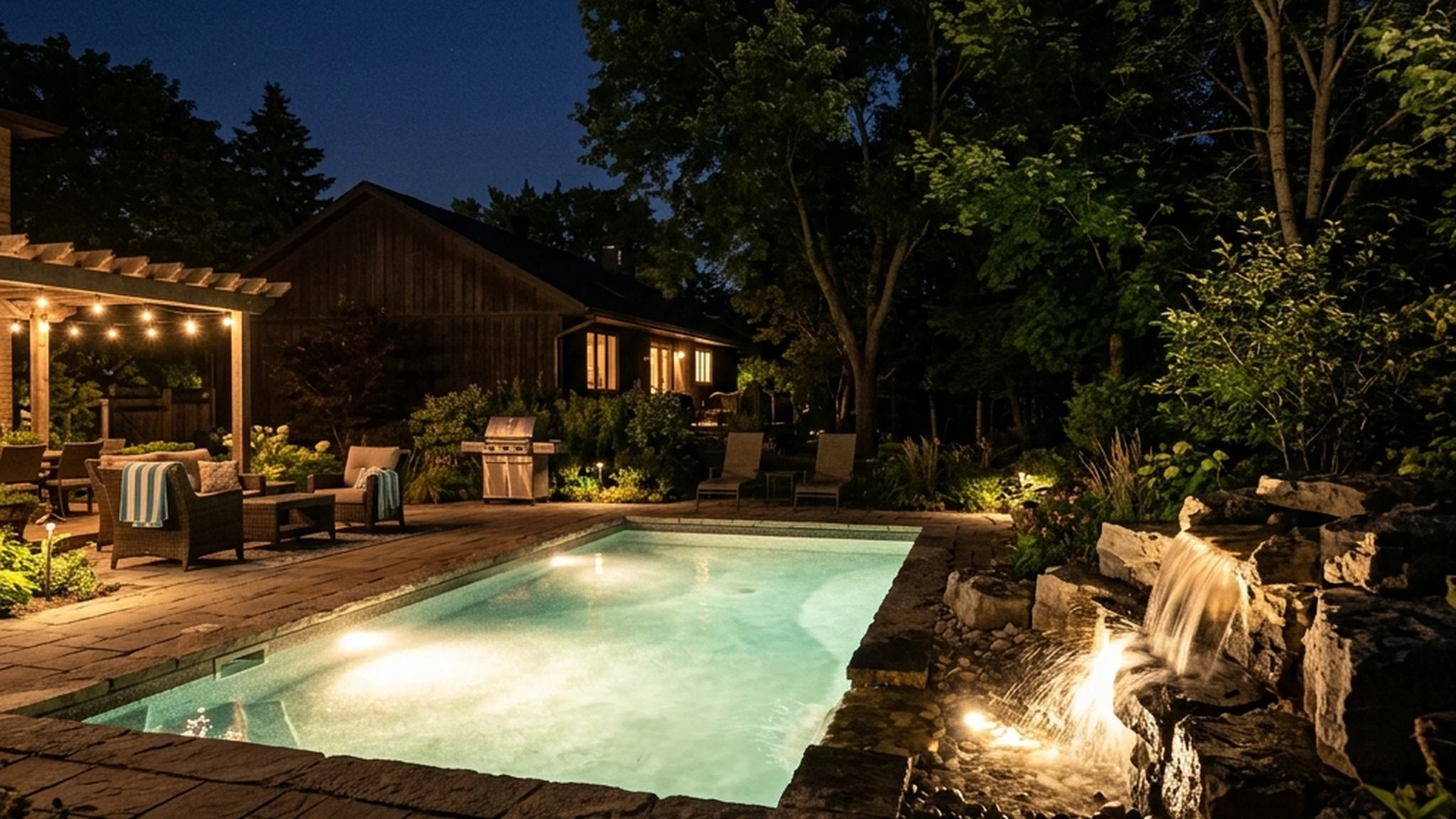 Underwater pool lighting and water feature accent lighting at Winnipeg backyard pool showing colour changing LED fixtures at night
