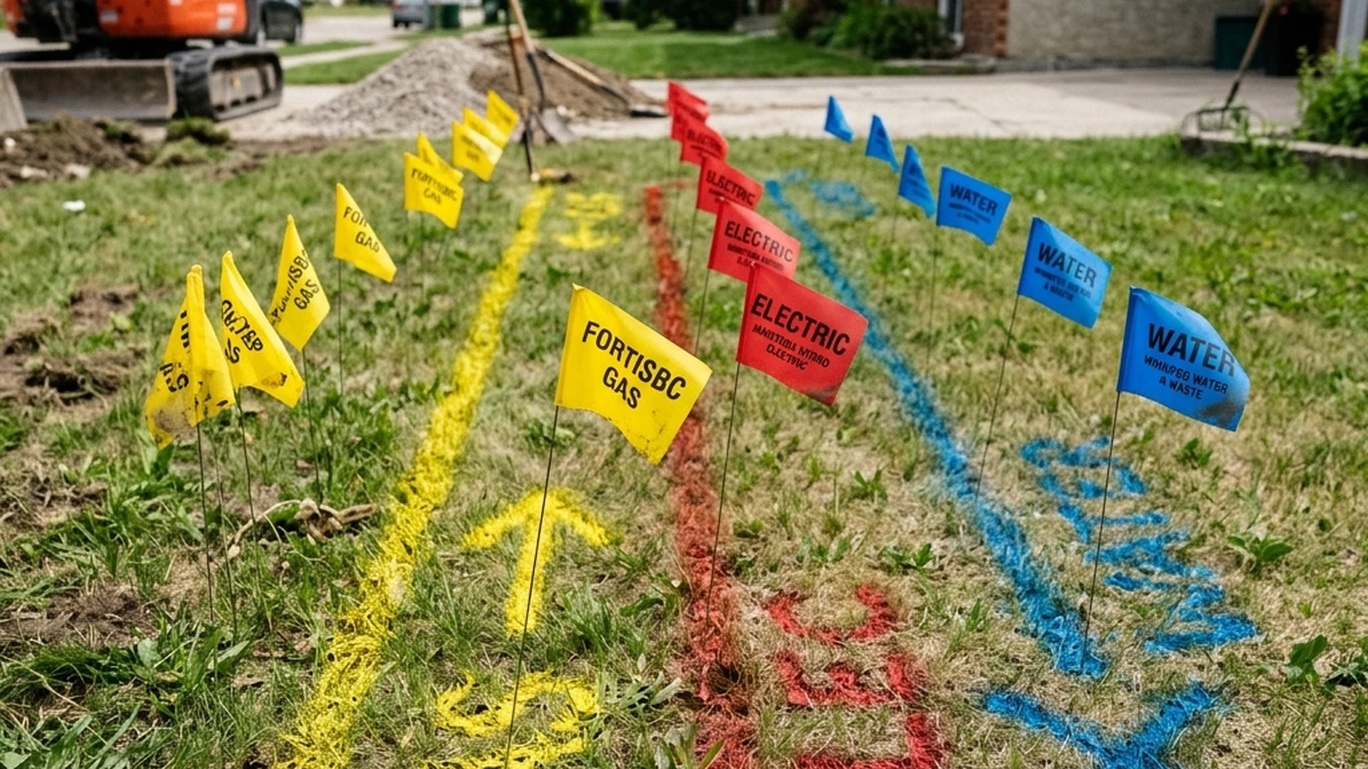 Utility locate markers and flags in a Winnipeg yard showing underground line marking before excavation for landscape construction