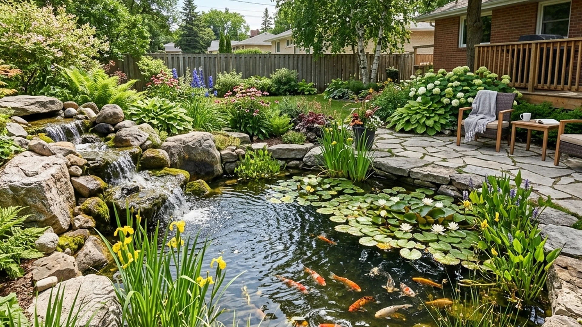 Ecosystem pond with aquatic plants and koi fish in Winnipeg backyard showing living water garden feature