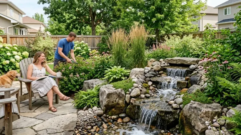 Water feature installation Winnipeg pondless waterfall with natural boulder rockwork and flowing water in summer