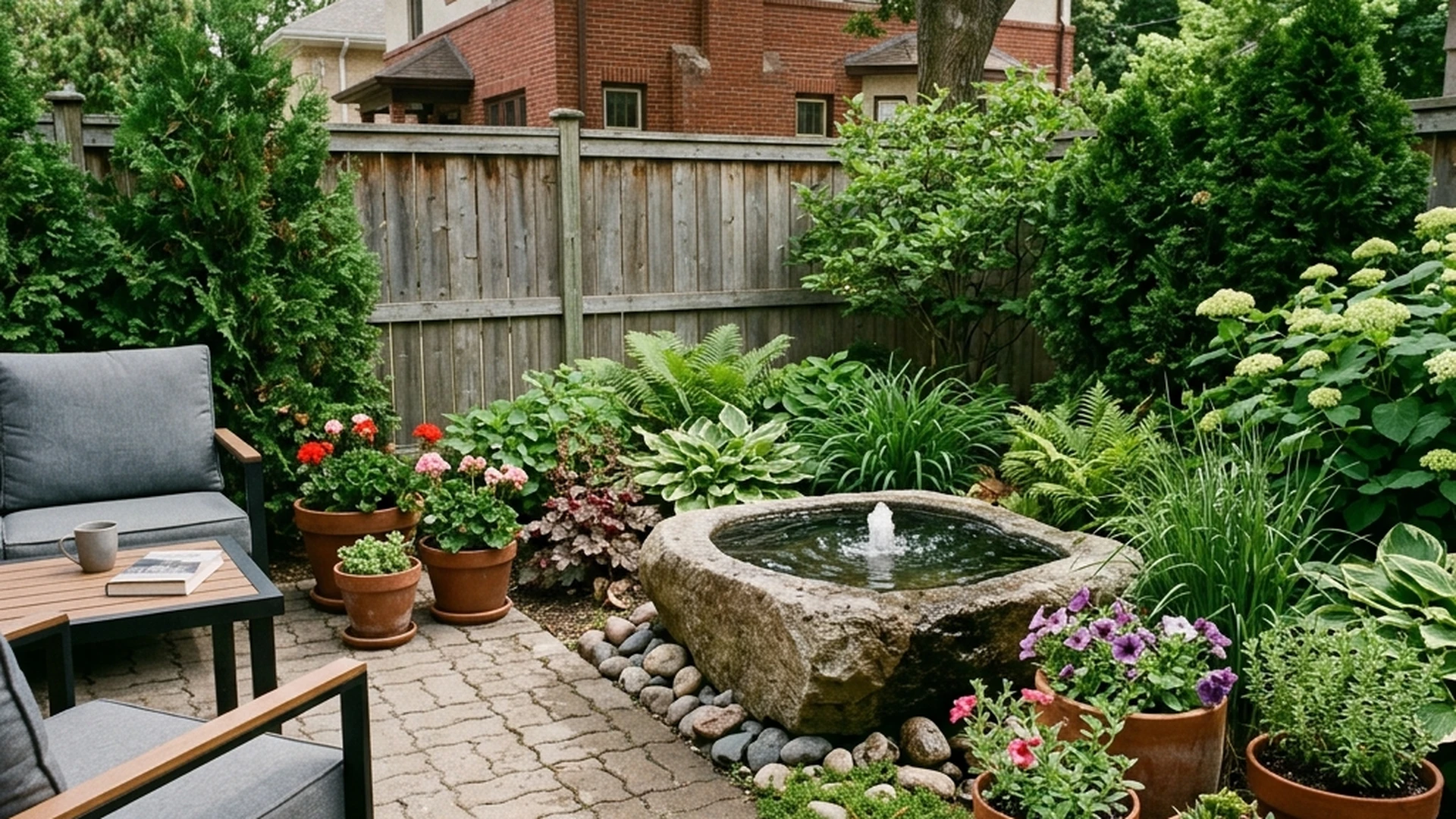 Standalone stone fountain water feature on Winnipeg patio showing low maintenance accent water feature in courtyard setting